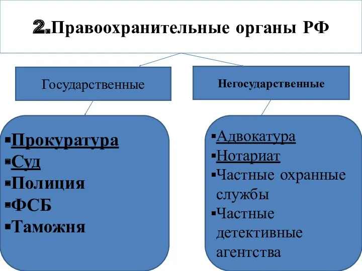 2.Правоохранительные органы РФ Государственные Негосударственные Прокуратура Суд Полиция ФСБ Таможня