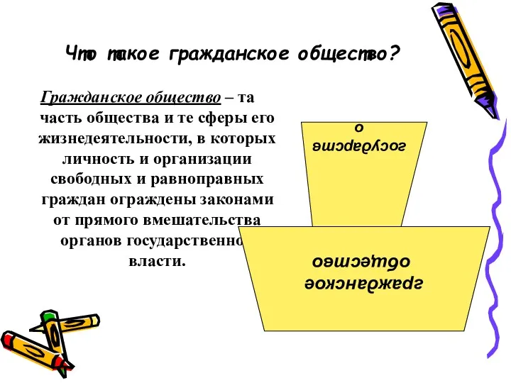 Что такое гражданское общество? Гражданское общество – та часть общества и те сферы