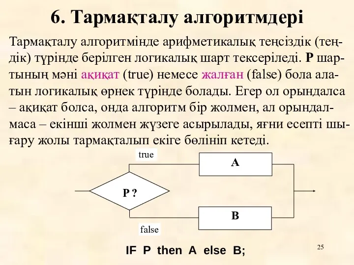 6. Тармақталу алгоритмдері Тармақталу алгоритмінде арифметикалық теңсіздік (тең-дік) түрінде берілген