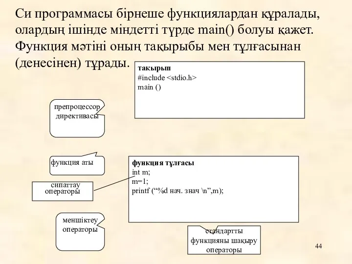 Си программасы бірнеше функциялардан құралады, олардың ішінде міндетті түрде main()