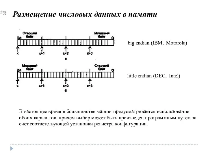 Размещение числовых данных в памяти В настоящее время в большинстве