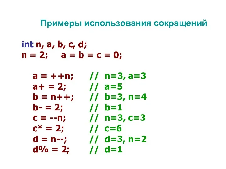 Примеры использования сокращений int n, a, b, c, d; n