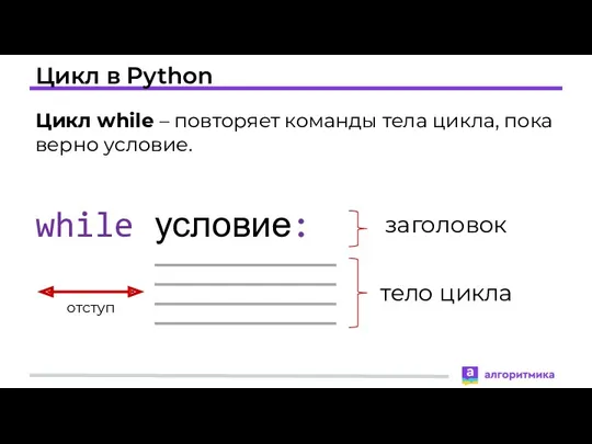 Цикл в Python Цикл while – повторяет команды тела цикла, пока верно условие.