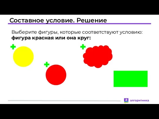 Составное условие. Решение Выберите фигуры, которые соответствуют условию: фигура красная или она круг:
