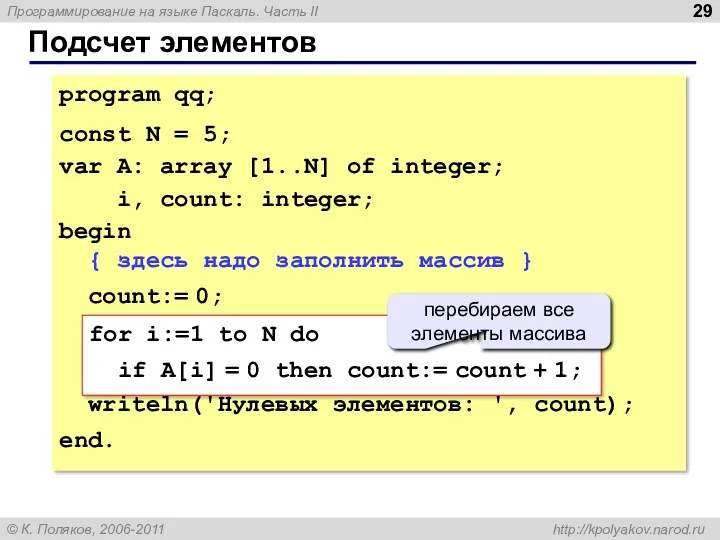 Подсчет элементов program qq; const N = 5; var A: