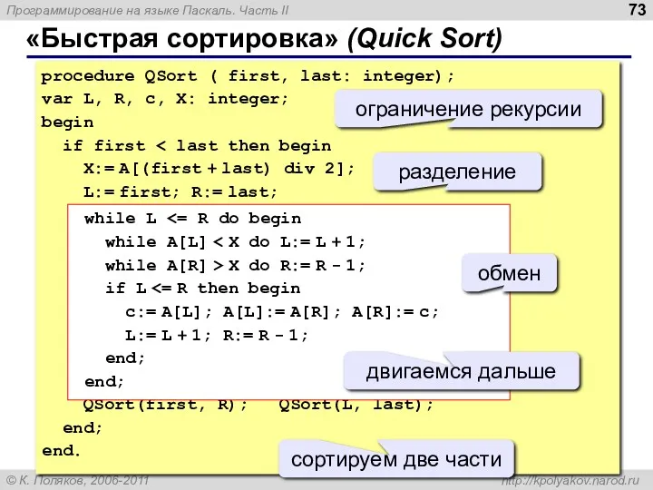 «Быстрая сортировка» (Quick Sort) procedure QSort ( first, last: integer);