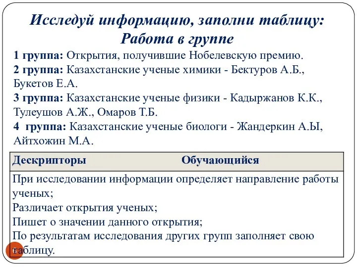 Исследуй информацию, заполни таблицу: Работа в группе 1 группа: Открытия,