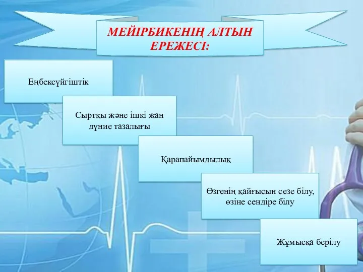 МЕЙІРБИКЕНІҢ АЛТЫН ЕРЕЖЕСІ: Еңбексүйгіштік Сыртқы және ішкі жан дүние тазалығы