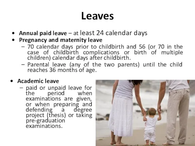 Leaves Annual paid leave – at least 24 calendar days