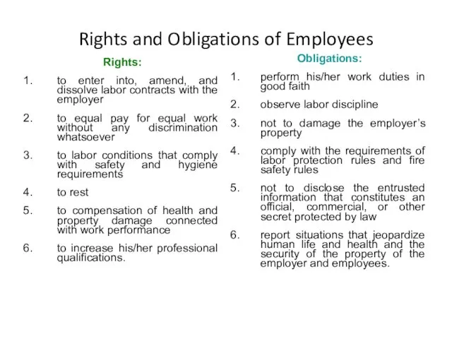Rights and Obligations of Employees Rights: to enter into, amend,