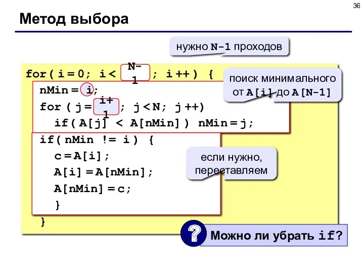 Метод выбора N for( i = 0; i nMin =