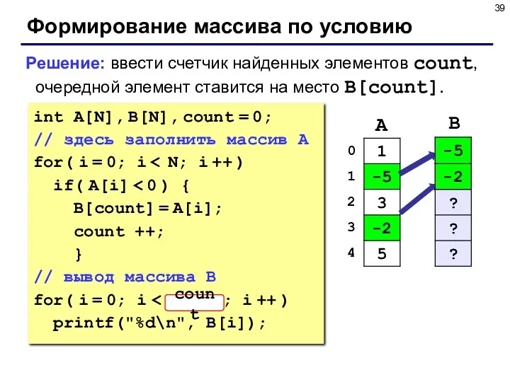Формирование массива по условию Решение: ввести счетчик найденных элементов count,