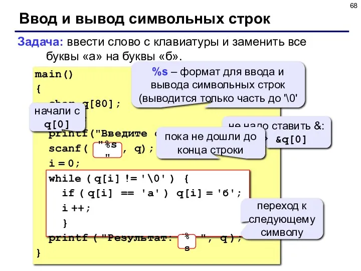 Ввод и вывод символьных строк Задача: ввести слово с клавиатуры