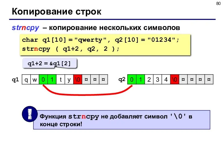 Копирование строк strncpy – копирование нескольких символов char q1[10] =