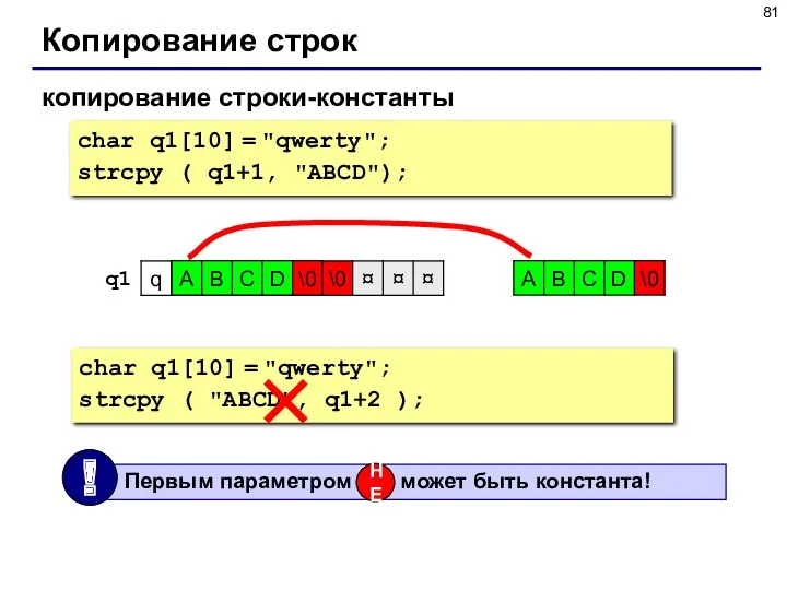 Копирование строк копирование строки-константы char q1[10] = "qwerty"; strcpy (
