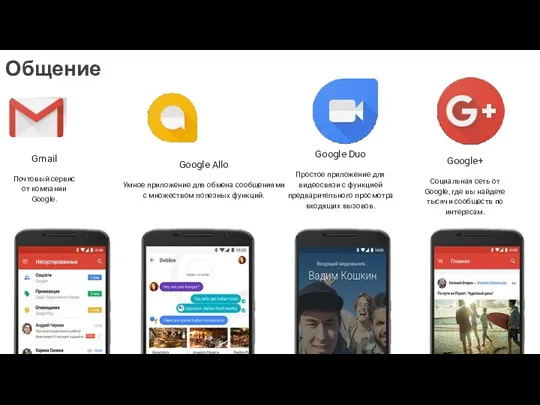 Общение Gmail Почтовый сервис от компании Google. Google Allo Умное