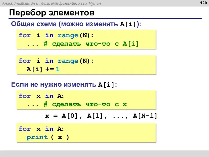 Перебор элементов Общая схема (можно изменять A[i]): for i in