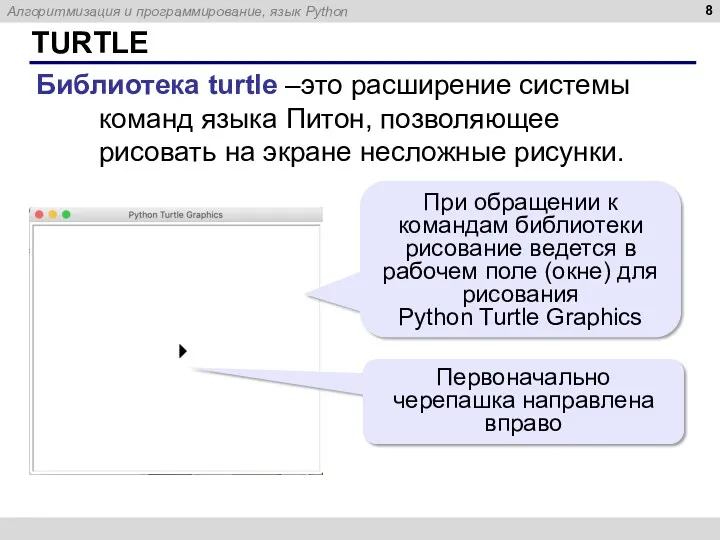 TURTLE Библиотека turtle –это расширение системы команд языка Питон, позволяющее