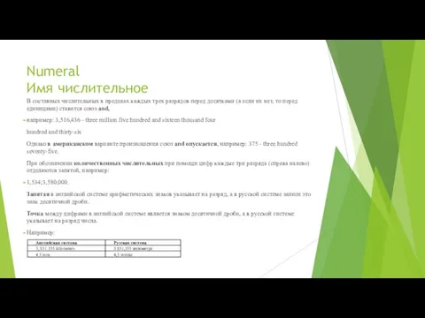 Numeral Имя числительное В составных числительных в пределах каждых трех
