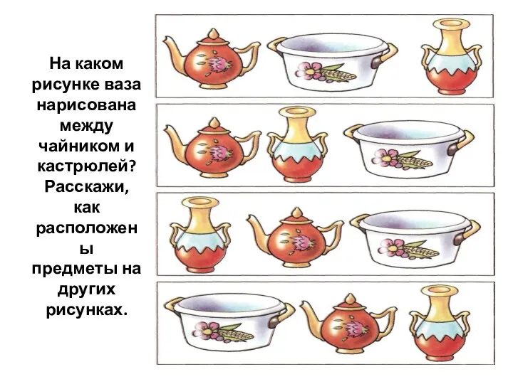 На каком рисунке ваза нарисована между чайником и кастрюлей? Расскажи, как расположены предметы на других рисунках.