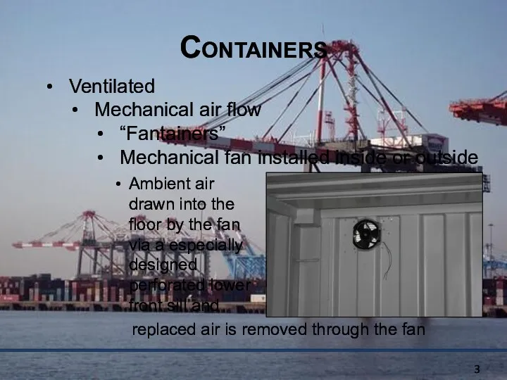 Containers Ventilated Mechanical air flow “Fantainers” Mechanical fan installed inside