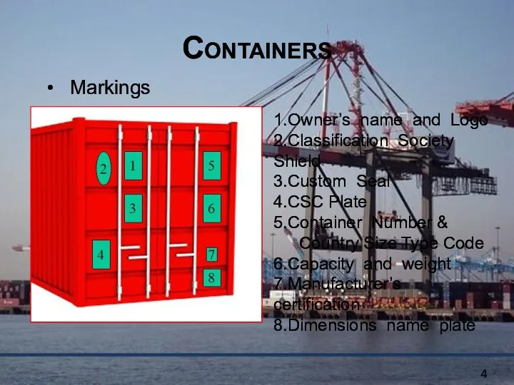 Containers Markings 1.Owner’s name and Logo 2.Classification Society Shield 3.Custom