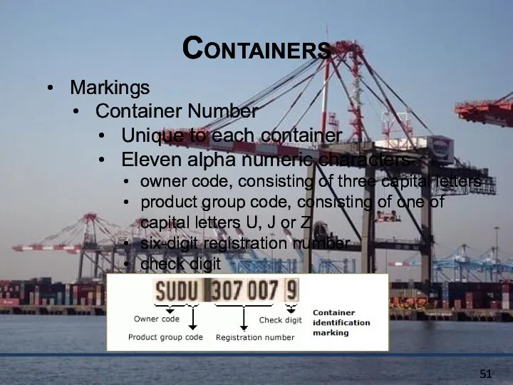 Containers Markings Container Number Unique to each container Eleven alpha