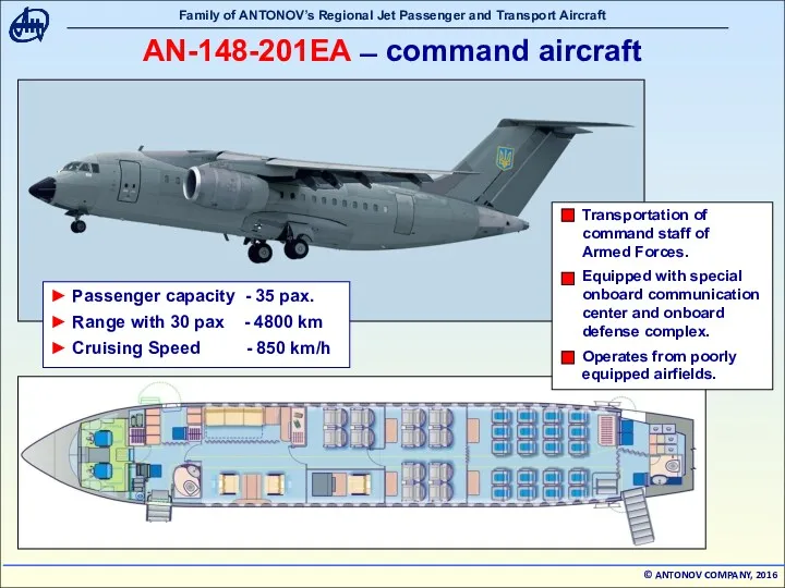 АN-148-201ЕА ̶ command aircraft ► Passenger capacity - 35 pax. ► Range with