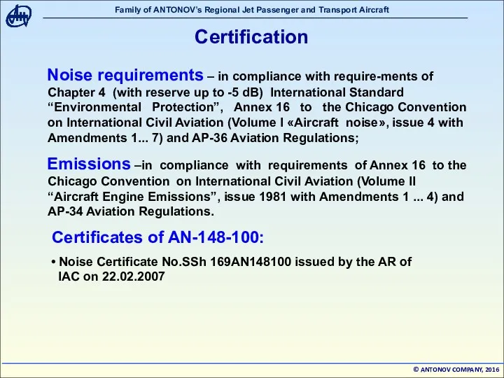Certification Noise requirements – in compliance with require-ments of Chapter