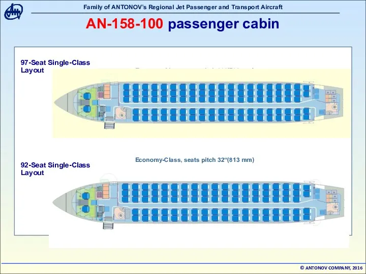 АN-158-100 passenger cabin Economy-Class, seats pitch 30“(762 mm) 92-Seat Single-Class Layout 97-Seat Single-Class