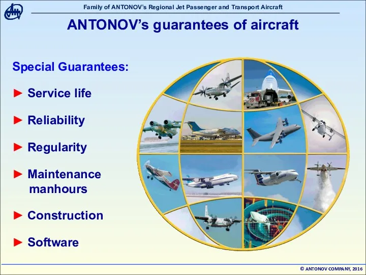 ANTONOV’s guarantees of aircraft Special Guarantees: ► Service life ► Reliability ► Regularity