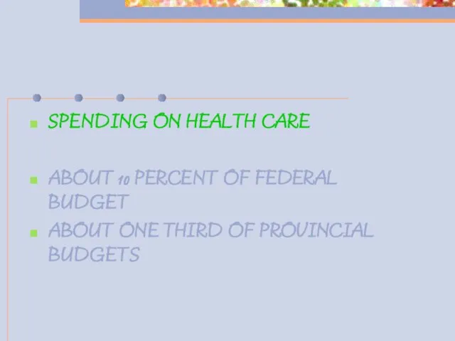 SPENDING ON HEALTH CARE ABOUT 10 PERCENT OF FEDERAL BUDGET ABOUT ONE THIRD OF PROVINCIAL BUDGETS