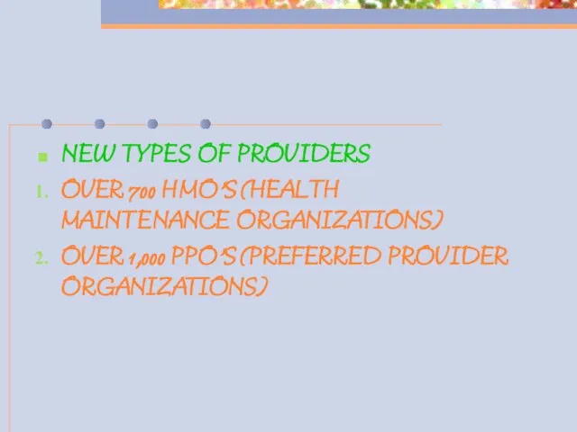 NEW TYPES OF PROVIDERS OVER 700 HMO’S (HEALTH MAINTENANCE ORGANIZATIONS) OVER 1,000 PPO’S (PREFERRED PROVIDER ORGANIZATIONS)