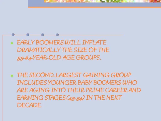 EARLY BOOMERS WILL INFLATE DRAMATICALLY THE SIZE OF THE 55-64-YEAR-OLD