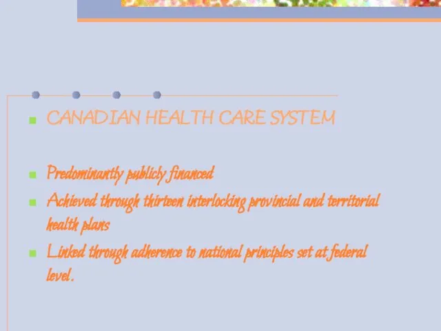 CANADIAN HEALTH CARE SYSTEM Predominantly publicly financed Achieved through thirteen