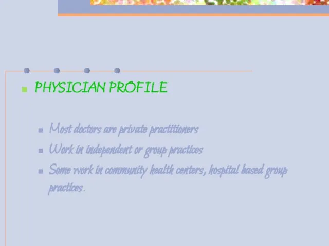 PHYSICIAN PROFILE Most doctors are private practitioners Work in independent