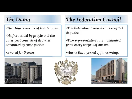 The Duma -The Duma consists of 450 deputies. -Half is