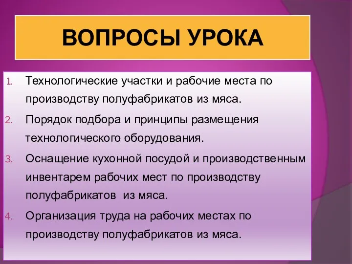 ВОПРОСЫ УРОКА Технологические участки и рабочие места по производству полуфабрикатов