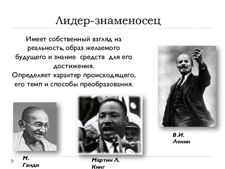 Лидер-знаменосец Имеет собственный взгляд на реальность, образ желаемого будущего и