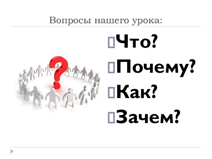 Вопросы нашего урока: Что? Почему? Как? Зачем?