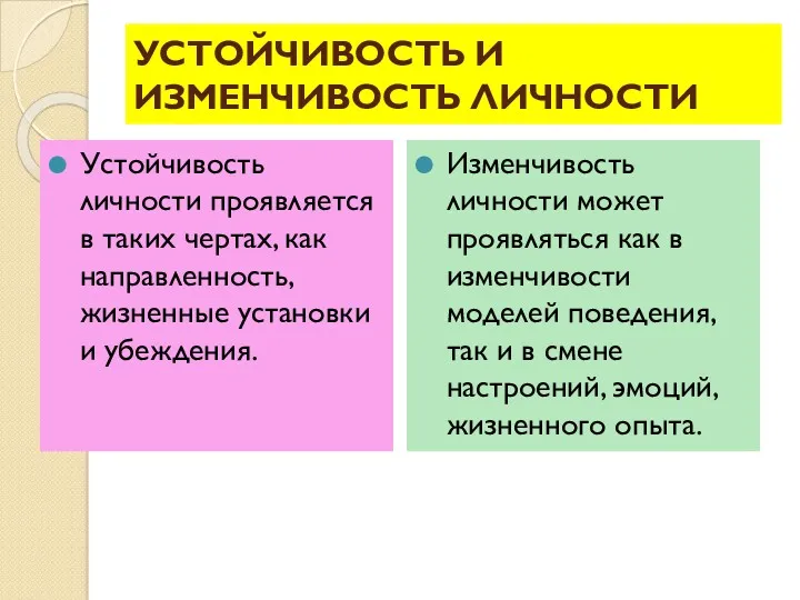 УСТОЙЧИВОСТЬ И ИЗМЕНЧИВОСТЬ ЛИЧНОСТИ Устойчивость личности проявляется в таких чертах,