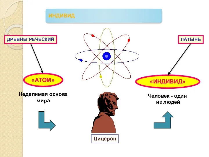 ИНДИВИД ДРЕВНЕГРЕЧЕСКИЙ ЛАТЫНЬ «АТОМ» «ИНДИВИД» Цицерон Неделимая основа мира Человек - один из людей