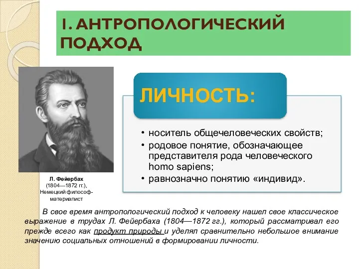 1. АНТРОПОЛОГИЧЕСКИЙ ПОДХОД В свое время антропологический подход к человеку