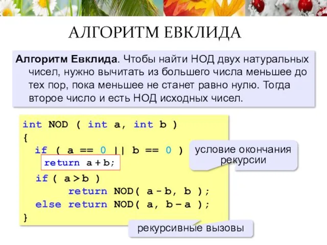 АЛГОРИТМ ЕВКЛИДА Алгоритм Евклида. Чтобы найти НОД двух натуральных чисел,