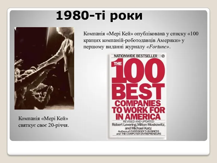 1980-ті роки Компанія «Мері Кей» опублікована у списку «100 кращих компаній-роботодавців Америки» у