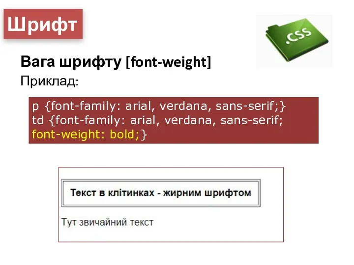 Шрифт Вага шрифту [font-weight] Приклад: p {font-family: arial, verdana, sans-serif;}