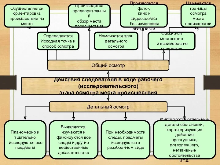 Действия следователя в ходе рабочего (исследовательского) этапа осмотра места происшествия