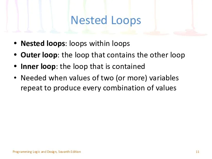 Nested Loops Nested loops: loops within loops Outer loop: the