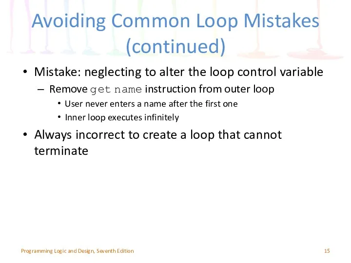 Avoiding Common Loop Mistakes (continued) Mistake: neglecting to alter the