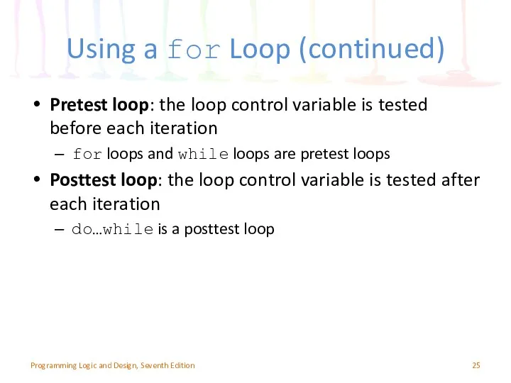 Using a for Loop (continued) Pretest loop: the loop control
